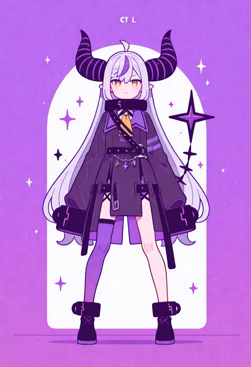Flatline, Flat vector illustration, looking at viewer, full_body,
ct_l4plus, flat chest, metal collar, purple coat, yellow ascot, sleeves past fingers, single thighhigh, purple thighhigh
slim, slender, fair skin, clear skin, beauty skin, smooth skin, shiny skin, beautiful legs, long legs,
shoes,
from front, front view, straight-on, look at viewer, standing, (legs apart:1.4),
white background,