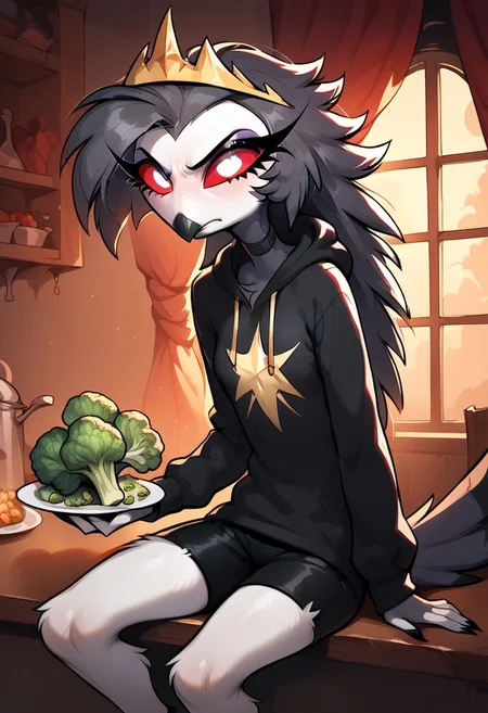 masterpiece, score_9, score_8_up, score_7_up, source_furry, (best quality:1.1), ultra-detailed, high resolution, 1character, solo, octavia from helluva boss, owl demon, beak, small breasts beak, red sclera, solo, glowing eyes, angry eyes, crown, plate with broccoli, fluffy, ear fluff, long eyelashes, indoors, (((beautiful detailed eyes))), Long eyelashes, looks at broccoli with disgust, wearing a black hoodie, black shorts, Highly Visible, (((8k))), sharp focus, perfect lighting, detailed outfit, long eyelashes, anatomically correct, extremely detailed, sitting at the dinner table, boiled broccoli on dish, table, (in kitchen), shine on body, high detail, disgusted facial expression, Expressiveh, detailed background, OverallDetail, zPDXL2