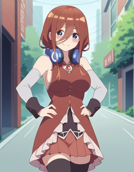 score_9, score_8_up, score_7_up, source_anime, mikunakano, <lora:miku-nakano-s2-ponyxl-lora-nochekaiser:1>, miku nakano, long hair, bangs, blue eyes, brown hair, hair between eyes, headphones, headphones around neck, large breasts,, <lora:sakura-kyoko-cosplay-ponyxl-lora-nochekaiser:1>, sakura kyoko cosplay, sakura kyoko (cosplay), black thighhighs, cosplay, detached sleeves, dress, frilled dress, frills, long sleeves, magical girl, miniskirt, pleated skirt, red dress, red skirt, sideboob, skirt, skirt under dress, sleeveless, sleeveless dress, thighhighs, zettai ryouiki,, streets, outdoors, smile, blush, hands on own hips,, cowboy shot, looking at viewer,