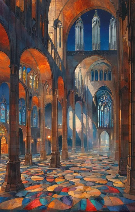masterpiece,best quality,<lora:tbh306-sdxl:0.9>,illustration,design by Michael Graves, Gothic revival cathedral with intricate spires and stained glass windows, bathed in moonlight