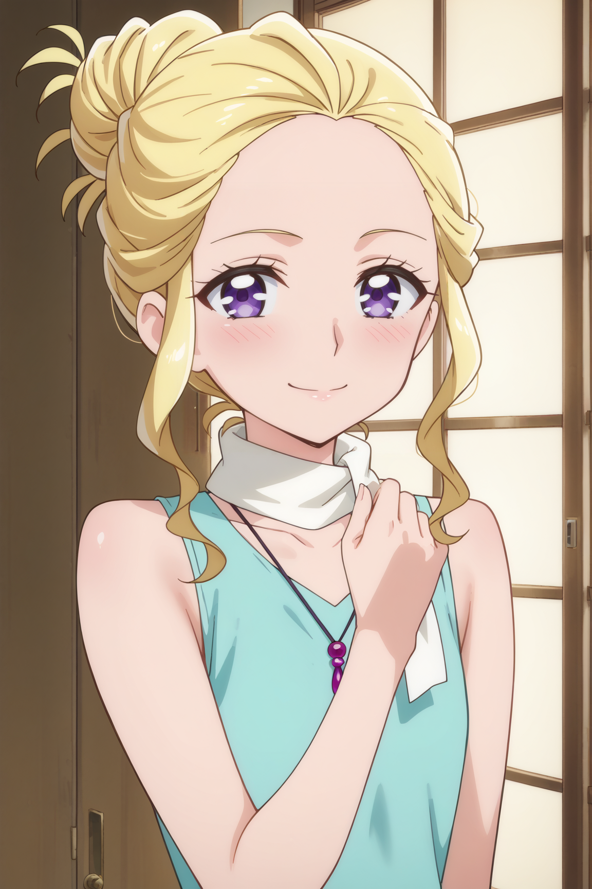 score_9, score_8_up, score_7_up, source anime, prefect lighting, very aesthetic, BREAK, anime screencap, anime coloring,
<lora:fuurin_asumi_precure_v1-pdv6:0.9>, 1girl, fuurin asumi, healin' good precure, purple eyes, blonde hair,
hair bun, collarbone, sleeveless, scarf, necklace, 
BREAK, smile, looking at viewer, blush, 
BREAK,