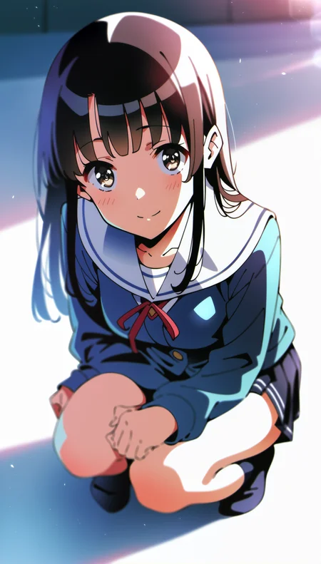 score_9,score_8_up,score_7_up,
<lora:megumikato:0.9>,
megumikato,
1girl,solo,black hair,long hair,bangs,brown eyes,pupils,looking at viewer,smile,draped navy blue jacket over the shoulders,white school shirt,long sleeves,red ribbon tie,pleated skirt,blue kneehighs,
full body,from above,face focus,
squatting,hands clasped in front of knees,
blurry background,vignetting,bloom,lens flare,light particles,