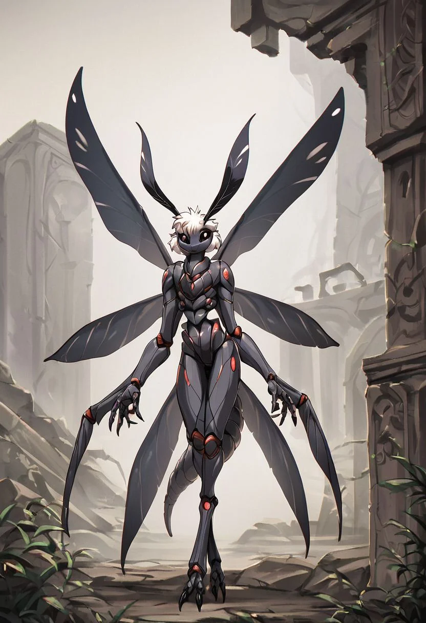 score_9, score_8_up, score_7_up, score_6_up, score_5_up, score_4_up,
source_furry, rating_explicit,
solo, female,
brown and white body, fur, grey fur, fluffy, furred body,
short hair, white hair,
anthro,
arthropod, insect, arthropod abdomen, black eyes, exoskeleton, joints
moth, lepidopteran, lepidopteran wings,
4 wings, multi wing, wings,
2 antennae, antennae anatomy,
2 toes, toes, feet, digitigrade,
4 arms, 5 fingers, fingers, multi arm,
smile, pose,
ruins,
detailed background, digital art, hi res, detailed, fantasy art,
Vintage, 1990s \(style\), 90s4n1m3, retro artstyle
