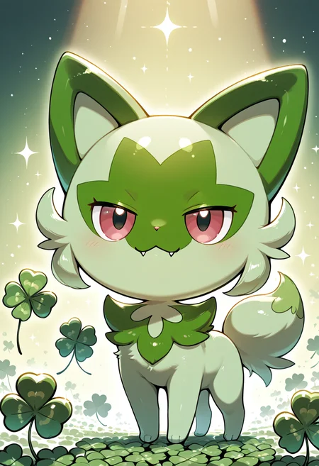 masterpiece, best quality,    ShamrockWorld, solo, looking at viewer, clover patch, clover, four-leaf clover, light particles, , pokemon (creature), no humans, sparkle, :3, fangs, outline, animal focus,  zzWdcat, smile, closed mouth, full body, :3, half-closed eyes, happy,  ,<lora:ShamrockWorld_IXL:1.0>, <lora:Wdcat_PDXL:1.0>,