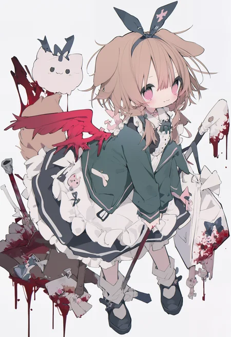 amazing quality, newest, absurdres, hires, chromatic abberation, 1girl, solo, :3, pink eyes, dog girl, bow hairband, bag, jacket, red wings, maid, black dress, sleeves past wrists, skirt, black footwear, stuffed animal, blood, bunnies, <lora:NanmoKaken>