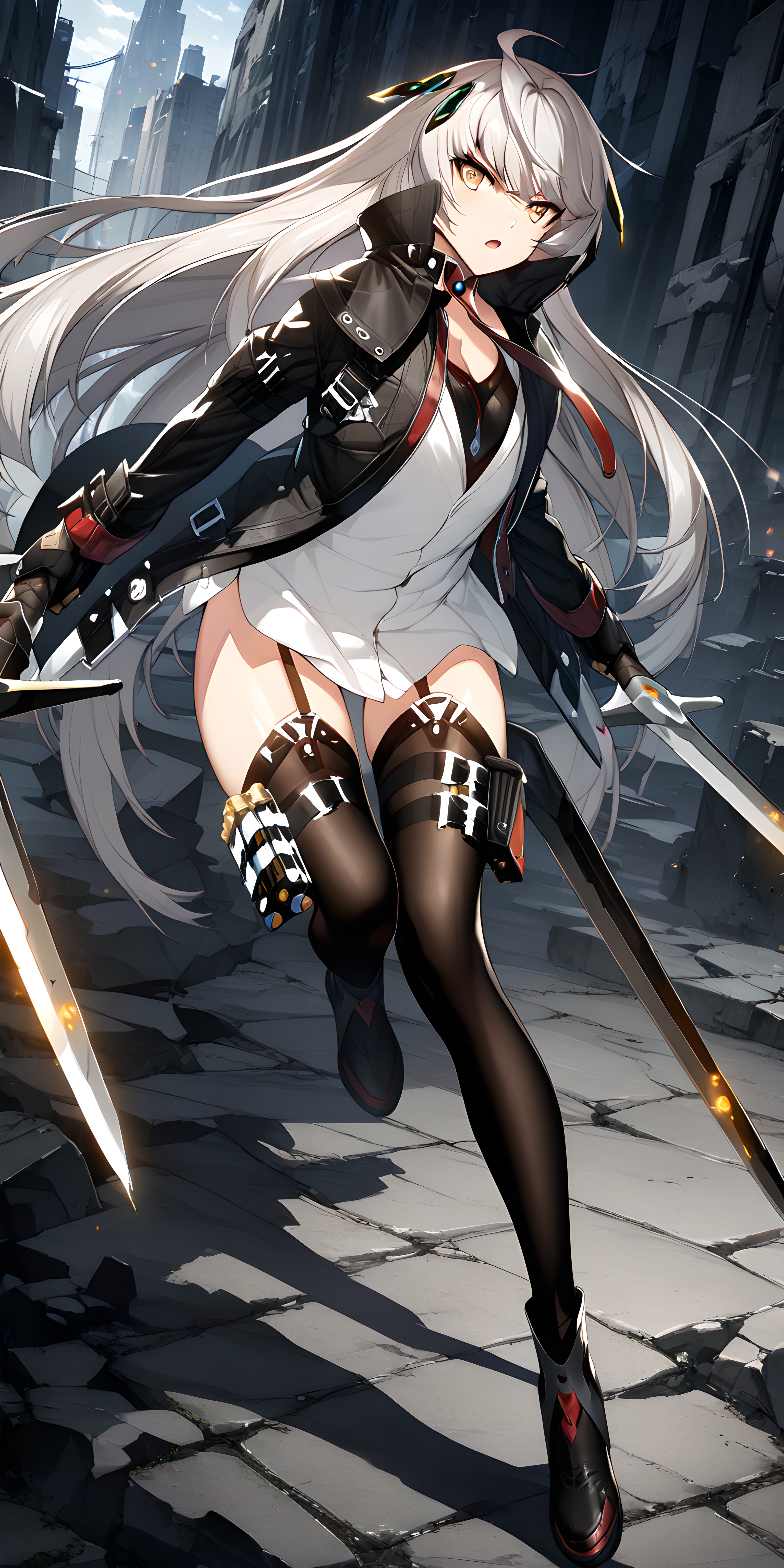 (masterpiece),(best quality),(ultra-detailed),(best illustration),(best shadow),(absurdres),(detailed background),(very aesthetic),hilde, siegfriedhilde, 1girl, solo, long hair, thighhighs, dual wielding, jacket, weapon, holding, gloves, yellow eyes, ruined city background, open mouth, serious, full body, <lora:Hilde_-_CounterSide_SDXL_Animagine_XL_3.1:1>
