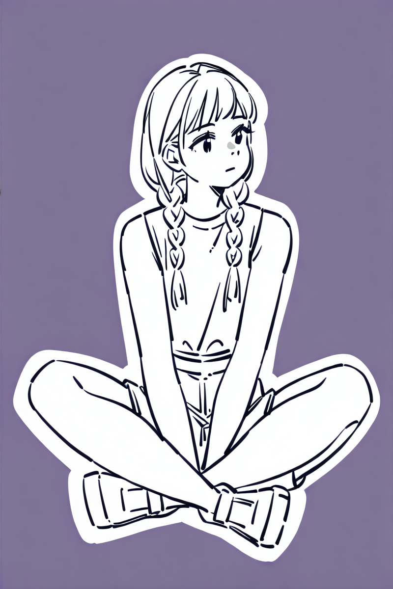 <lora:Sktchst_IL:1> sktchst, 1girl, solo, braid, sitting, white outline, monochrome, outline, purple background, simple background, shoes, long hair, bangs, indian style, twin braids, hair over shoulder, shorts, closed mouth, shirt, skirt, full body, sleeveless