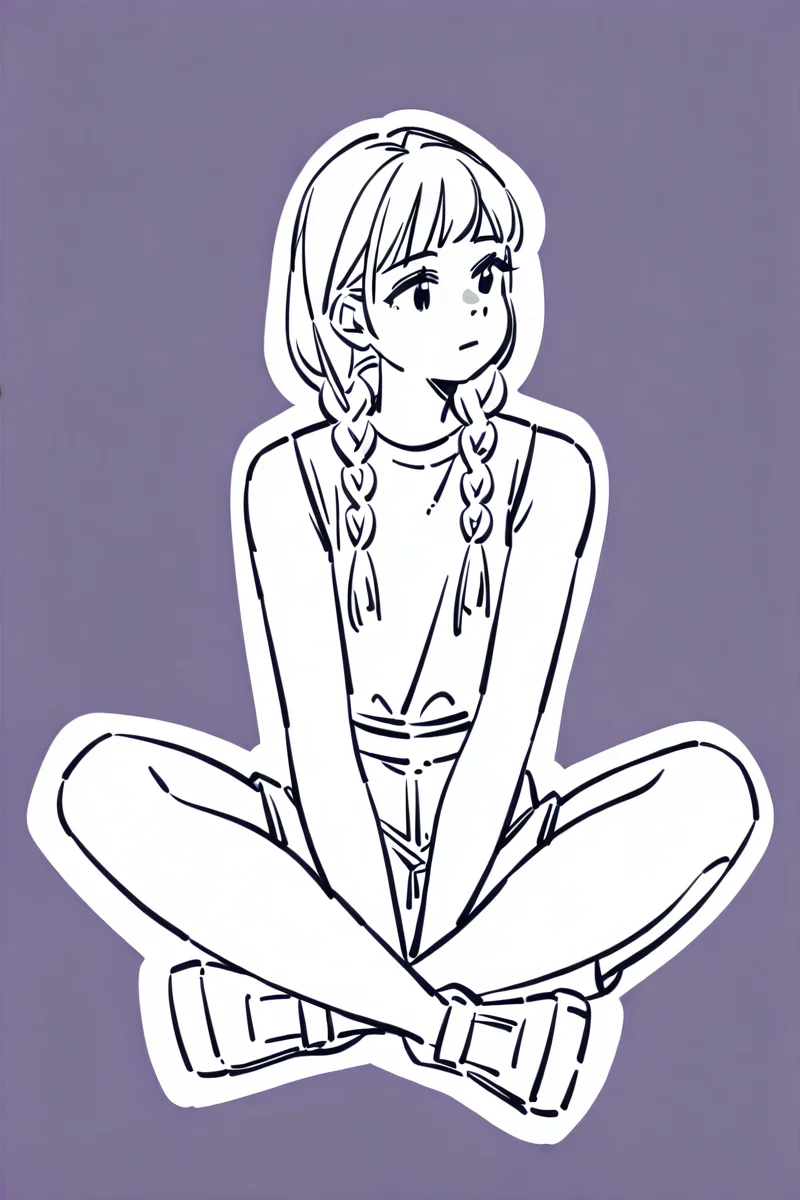 <lora:Sktchst_IL:1> sktchst, 1girl, solo, braid, sitting, white outline, monochrome, outline, purple background, simple background, shoes, long hair, bangs, indian style, twin braids, hair over shoulder, shorts, closed mouth, shirt, skirt, full body, sleeveless