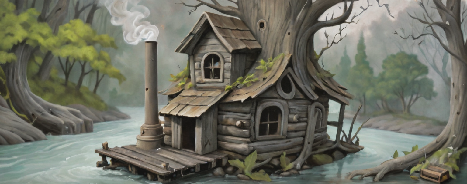 a surreal image in lowbrow art style of A small Battleship Gray log hut in a lush spring oak forest close to a flowing river, smoke emanating from the lopsided chimney, A nightmare mood.