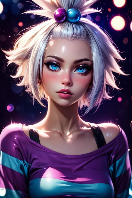 score_9, score_8_up, score_8, medium breasts, (curvy), cute, eyelashes, BREAK, , zzRoxie, blue eyes, white hair, hair bobbles, topknot, striped dress, <lora:Roxie_Pokemon_PDXL_Citron:0.8>, , BREAK, (ultra realistic,32k, masterpiece:1.2),(high detailed skin:1.1),( high quality:1.1), curvy, head tilt, hearts, blush, lips, curvy, head tilt, shiny clothes, (upper body), looking at viewer, bokeh, luminescent background, embedding:zPDXL, Expressiveh, <lora:RlAnmPDXL:1.0>,