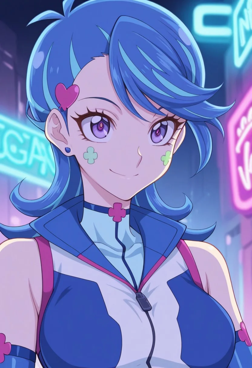 masterpiece,best quality,amazing quality, source_anime,
AoiZaizen,1girl, solo, blue gal outfit, purple eyes, facial tattoo, multicolored hair, blue hair, hair ornament, heart hair ornament, earrings, shirt, blue shirt, short jumpsuit, detached sleeves, smile, portrait,
outdoor, futuristic, neon lights,