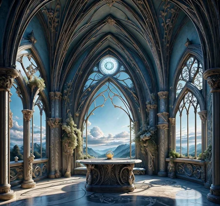 RAW photo, (masterpiece:1.3), subsurface scattering, heavy shadow, (high quality:1.4), (intricate, high detail:1.2), professional photography, HDR, High Dynamic Range, realistic, ultra realistic, photorealistic, high resolution, film photography, ambient lighting, atmospheric effects, <lora:detail_slider_v4:2>, OverallDetail, <lora:ElvenInterior:1>, arch, clock, cloud, elfint, indoors, light rays, no humans, pillar, plant, scenery, sky, table, window
