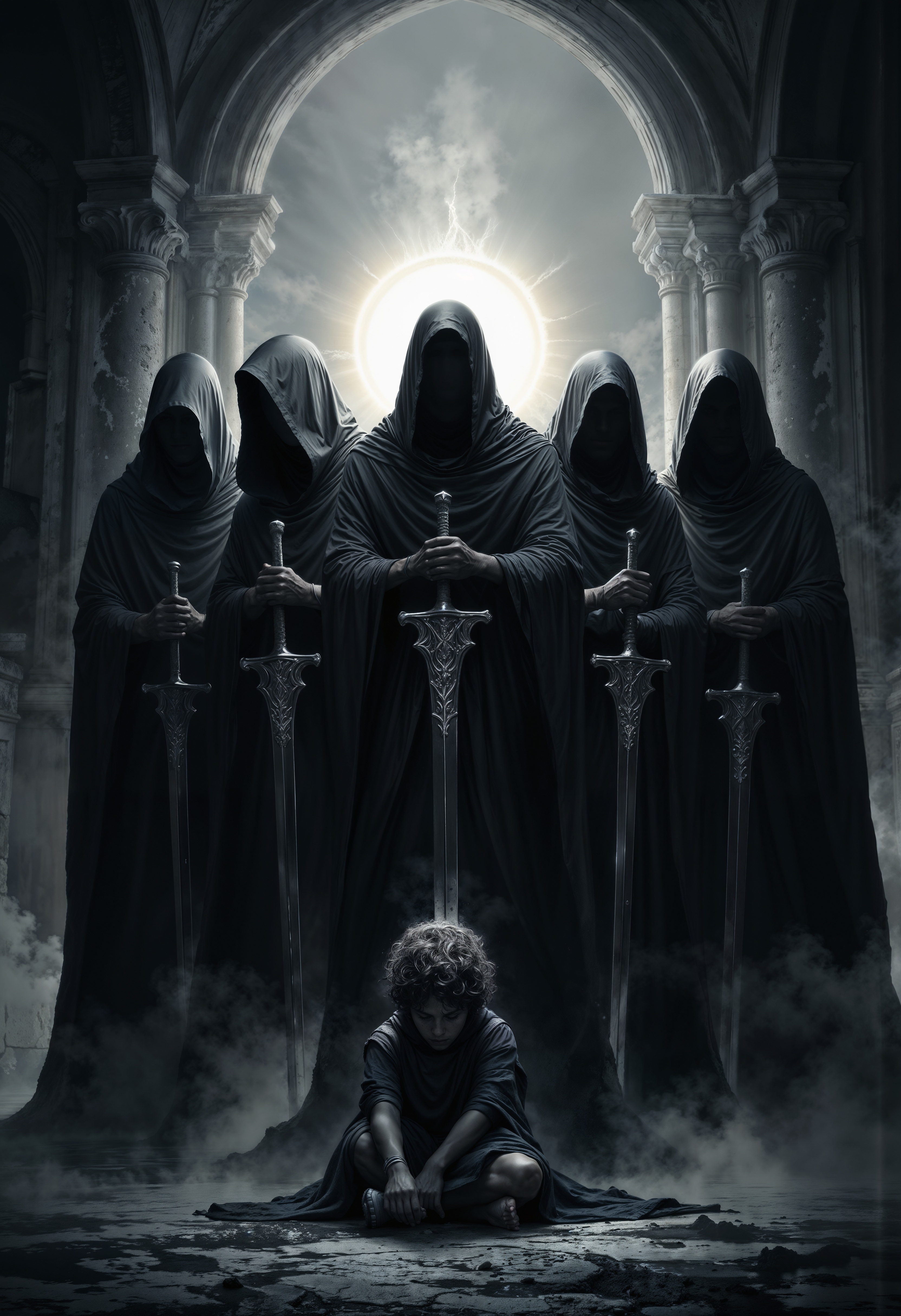 Image is a dark, atmospheric digital artwork featuring a group of five hooded figures standing in a semi-circle. Each figure is clad in long, flowing black robes, obscuring their facial features entirely. They hold large, ornate swords pointed downward, with intricate designs on the hilts. The central figure is slightly elevated, with a glowing halo-like light emanating from behind its head, creating a focal point. In the foreground, a lone figure, possibly a child, is seated on the ground, draped in tattered clothing, with curly hair visible. The background is a misty, gothic archway, adding to the ominous and mysterious ambiance. The overall color scheme is monochromatic, with shades of black, white, and gray, enhancing the eerie and somber mood of the scene. <lora:aidmaMJ6.1_v0.3:0.6> aidmaMJ6.1,  <lora:FluxMythP0rtr4itStyle:0.6> mythp0rt, <lora:ARTifacts:0.8>
