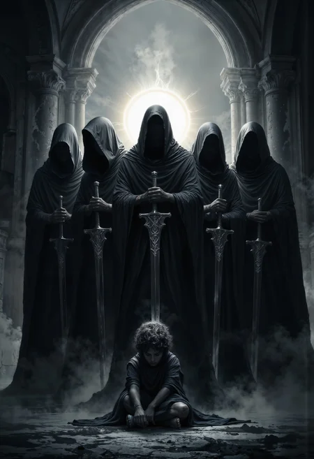 Image is a dark, atmospheric digital artwork featuring a group of five hooded figures standing in a semi-circle. Each figure is clad in long, flowing black robes, obscuring their facial features entirely. They hold large, ornate swords pointed downward, with intricate designs on the hilts. The central figure is slightly elevated, with a glowing halo-like light emanating from behind its head, creating a focal point. In the foreground, a lone figure, possibly a child, is seated on the ground, draped in tattered clothing, with curly hair visible. The background is a misty, gothic archway, adding to the ominous and mysterious ambiance. The overall color scheme is monochromatic, with shades of black, white, and gray, enhancing the eerie and somber mood of the scene. <lora:aidmaMJ6.1_v0.3:0.6> aidmaMJ6.1, <lora:FluxMythP0rtr4itStyle:0.6> mythp0rt, <lora:ARTifacts:0.8>