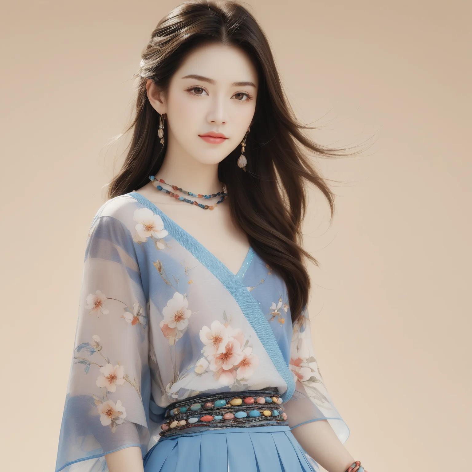 jinling,simple background,1girl,cowboy_shot,magazine�_scan,(Floral_wrap_top:1.5),(Midi_skirt:1.4),(Beaded_bracelets:1.3),ray_traycing,best quality,masterpiece,realistic,<lora:jinlingsdxl-000005:1>