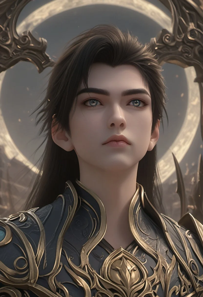 (super detailed gentle face), expressiveH, portrait, focus on face, score_9, score_8_up, score_7_up, shihao, 1boy, solo, black hair, emperor_armor, slim toned male. create a stunning plot image of an fantasy hero in epic pose, designed in an ultra-detailed, realistic art style. The hero is depicted with dark long hair and super detailed blue eyes, and set against the rooftops of a shadowy city under a full moon, with mist rolling through the streets below. The image should capture the essence of strength, beauty, and power, with dramatic lighting that accentuates the character's features and presence.