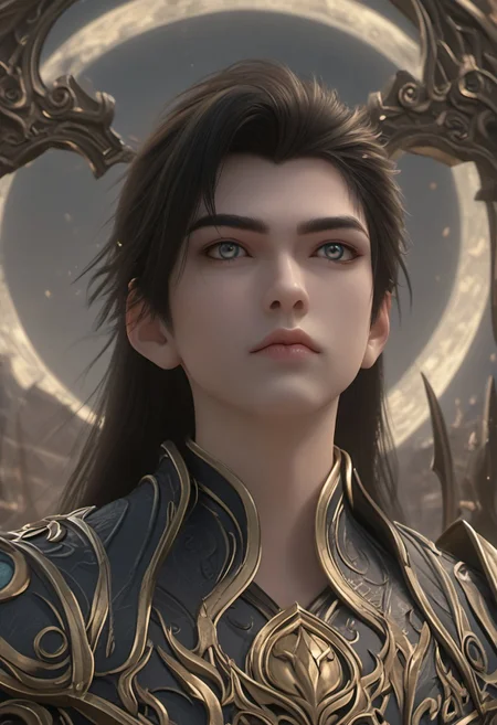 (super detailed gentle face), expressiveH, portrait, focus on face, score_9, score_8_up, score_7_up, shihao, 1boy, solo, black hair, emperor_armor, slim toned male. create a stunning plot image of an fantasy hero in epic pose, designed in an ultra-detailed, realistic art style. The hero is depicted with dark long hair and super detailed blue eyes, and set against the rooftops of a shadowy city under a full moon, with mist rolling through the streets below. The image should capture the essence of strength, beauty, and power, with dramatic lighting that accentuates the character's features and presence.