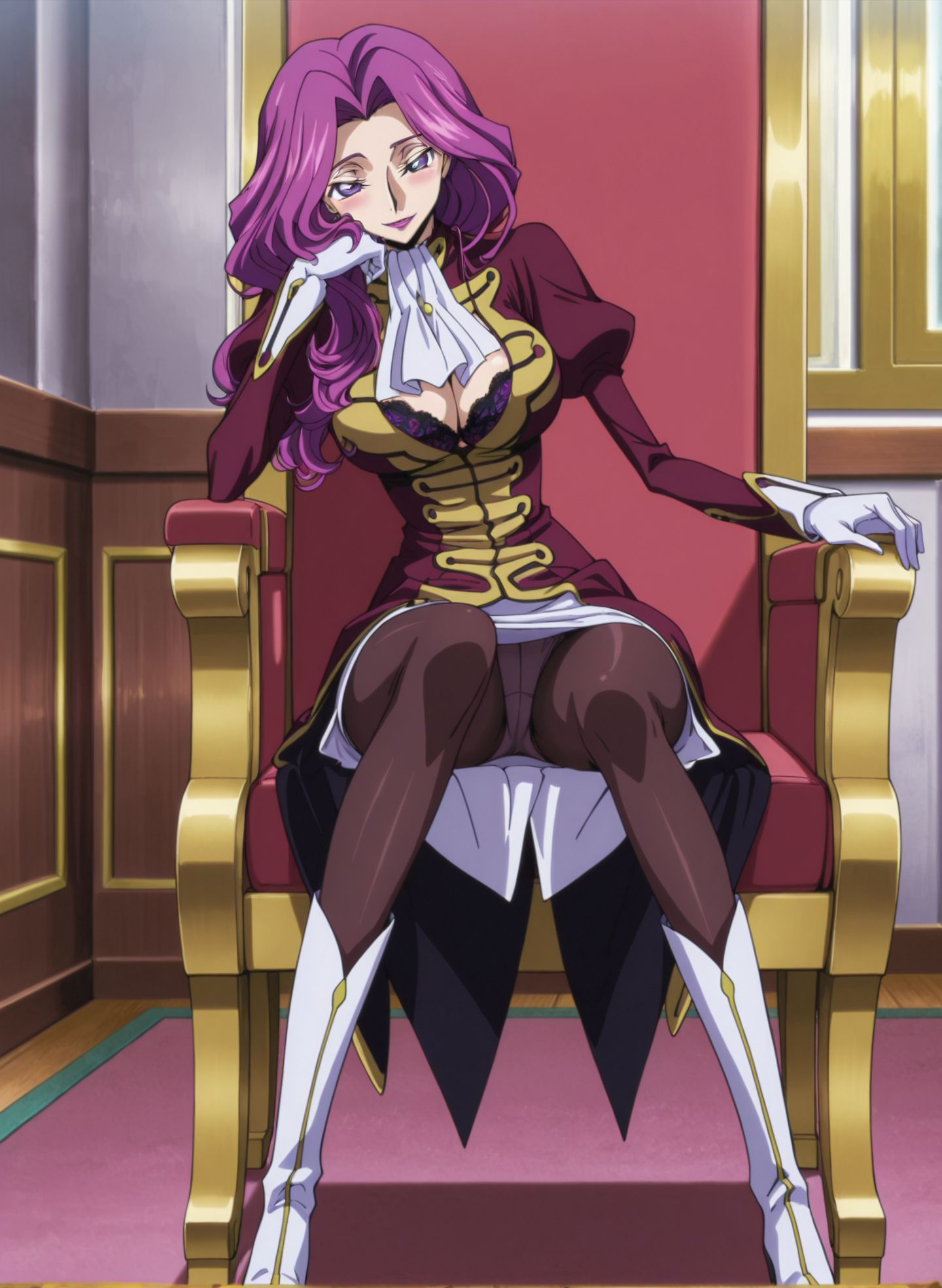 masterpiece,best quality,anime coloring,anime screenshot,
<lra:bra_peek:1>bra_peekV1,
1girl,pantyhose, blush, solo,
skirt,panties,  (bra peek:1.4), black lace bra, seductive smile, 
panty shot, sexy pose,sitting,  chair, legs apart, head rest, 
full body, 
mm,mature female,purple hair,purple eyes,lipstick,large breasts,anime coloring, s1,wavy hair,s1 uniform,ascot,gloves,boots,<lora:Cornelia_li_Britannia-Code_Geass:0.8>
code geass, official art,