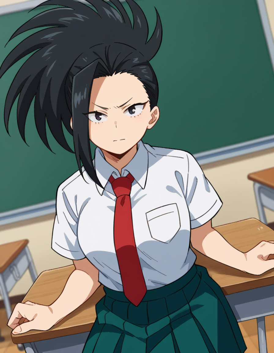 score_9, score_8_up, score_7_up, source_anime,
yaoyorozumomo, <lora:momo-yaoyorozu-ponyxl-lora-nochekaiser:1>,
yaoyorozu momo, long hair, bangs, black hair, ponytail, black eyes, high ponytail, wide ponytail,
skirt, shirt, school uniform, white shirt, short sleeves, pleated skirt, necktie, collared shirt, red necktie, green skirt, u.a. school uniform,
indoors, classroom, sitting, desk, chair,
looking at viewer, cowboy shot, dutch angle,