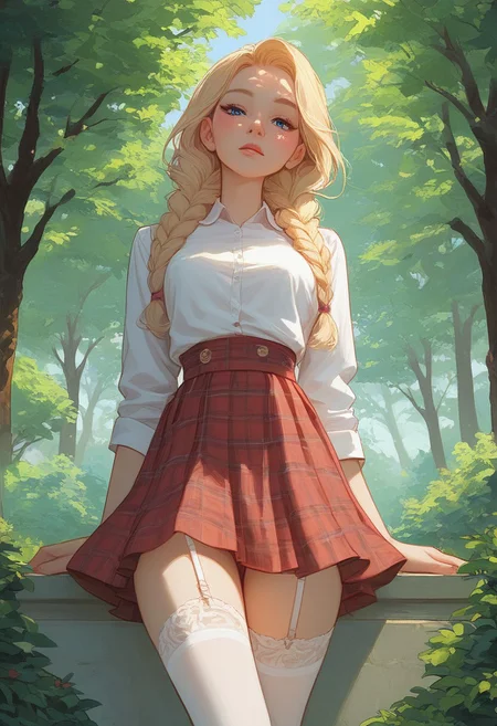 masterpiece, score_9,score_8_up, score_7_up, score_6_up, (pastel colors, high contrast,expressiveh), solo focus, 18 year old girl, blonde hair, (twin braids:1.2), long hair, red plaid skirt, white shirt, blue eyes, mascara, white thigh highs, garter straps, posing, large chest, petite, looking down, looking at viewer, cowboy shot, leaning on stone in park, green trees, in background, sunlight, sunny,