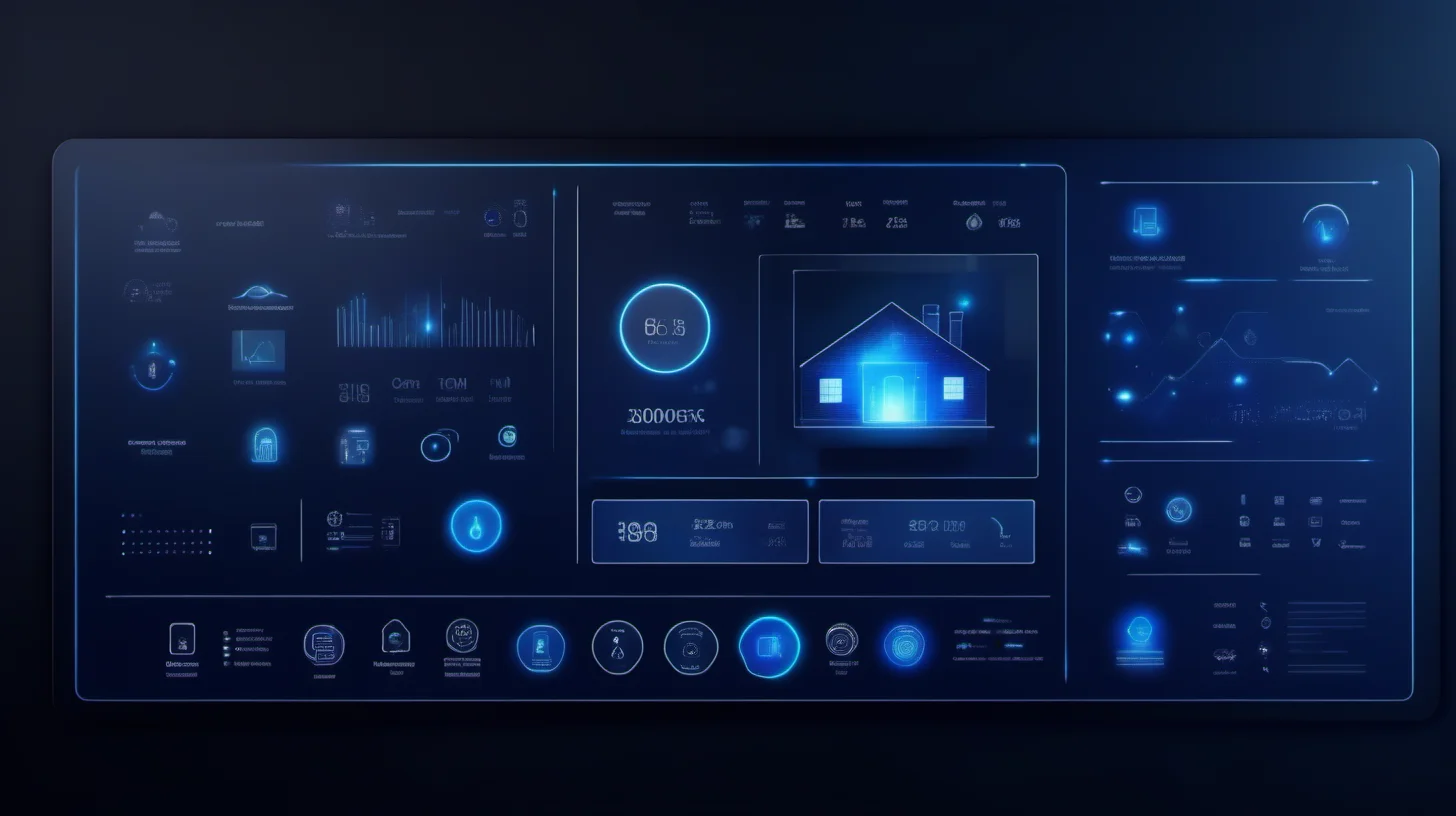 Smart Home Control Panel, UI, Minimalist, hologram, abstract, dark blue, technological , bright light, j_background