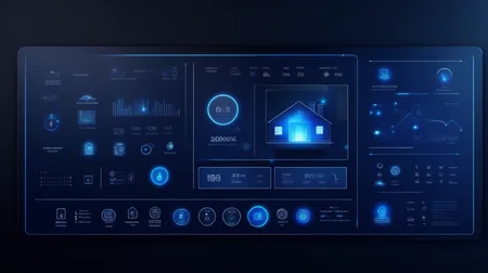 Smart Home Control Panel, UI, Minimalist, hologram, abstract, dark blue, technological , bright light, j_background