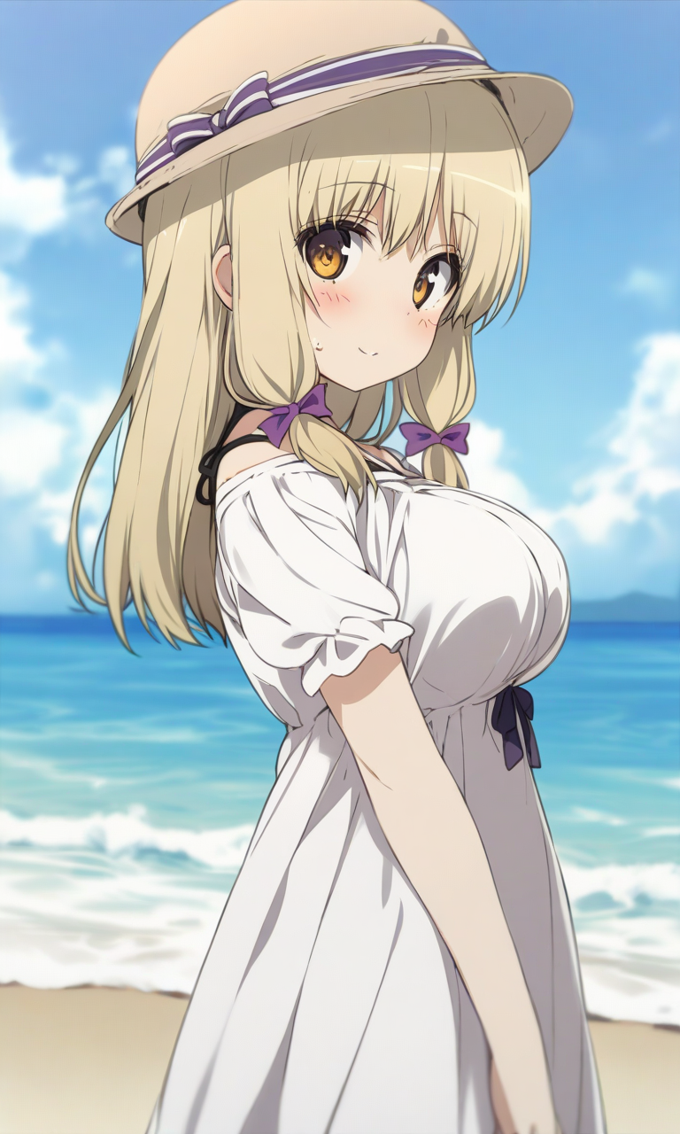 masterpiece, best quality, by ogipote, BREAK
solo, kujoufumi, big breasts, 
dress, white dress, casual, hat, 
looking at viewer, blush, happy, 
outdoors, from side, beach, 
<lora:KujouFumi_XL:1>