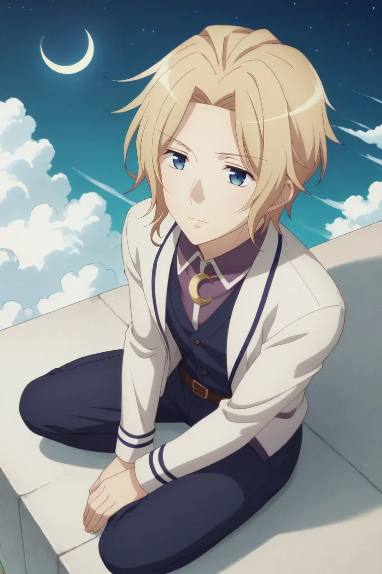 score_9, score_8_up, score_7_up, source_anime, rating_safe, intricate details, (3d:0.4), , , 1boy, solo, male focus, <lora:keith_claes_pony:0.98>, keith_claes, blonde hair, blue eyes, short hair, bangs, from above, full body, heaven, clouds, night, crescent moon, sitting, relaxed, gorilla costume, <lora:sdxl_lightning_8step_lora:1>