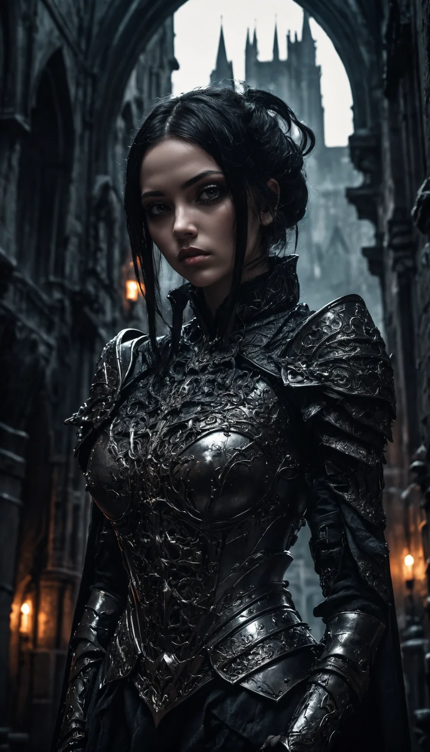 Gothic art, dark tones, intricate details, dramatic lighting, high contrast, medieval influence, ornate, mysterious, detailed armor, cyberpunk elements, cityscape, atmospheric, moody, haunting beauty, sharp shadows, textured
(dynamic pose:1.4), depth of field,