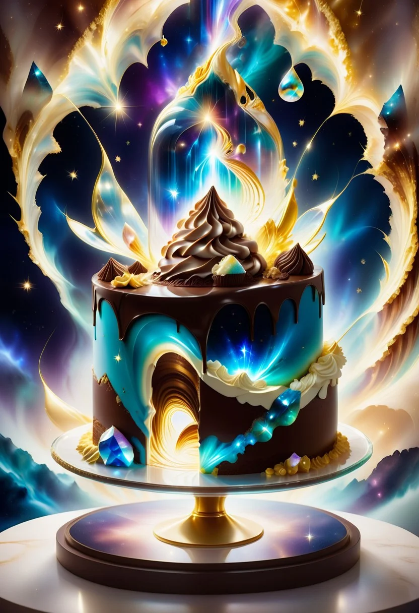 a tiramisu cake inside a thin glass, surrounded with golden stardust mist and cocoa powder, detailed with blue aura quartz by jed-auraquartz