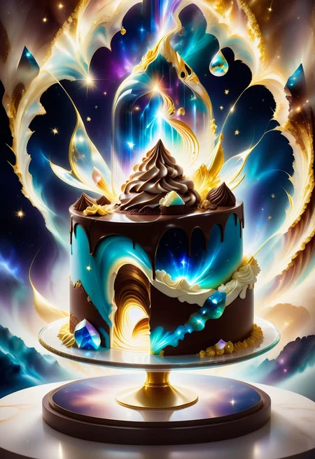 a tiramisu cake inside a thin glass, surrounded with golden stardust mist and cocoa powder, detailed with blue aura quartz by jed-auraquartz