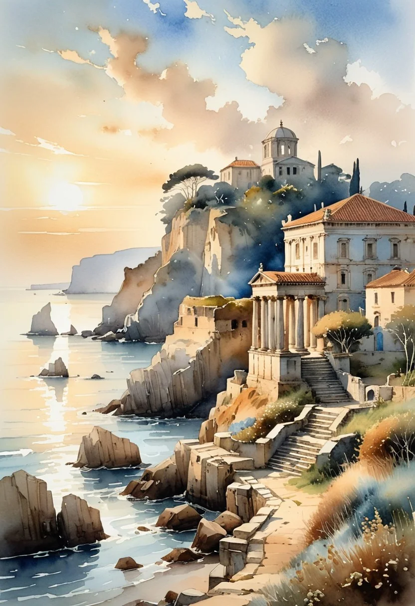 romantic landscape, delicate brushwork, soft watercolor washes, golden light, coastal scenes, classical ruins, poetic tranquility, early 19th century style, pale blues and ochres, luminous atmosphere, serene harbors, loose sketching, refined sensitivity