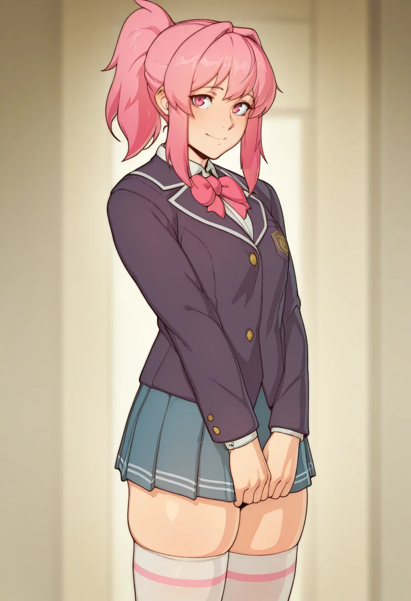 masterpiece, best quality, 
 <lora:Sulcate_Style:1> Solc4t3, 1girl, solo,standing,looking at viewer, happy, closed mouth,pink hair, ponytail, pink eyes,school uniform, bow, long sleeves, skirt, skindentation, thighhighs,