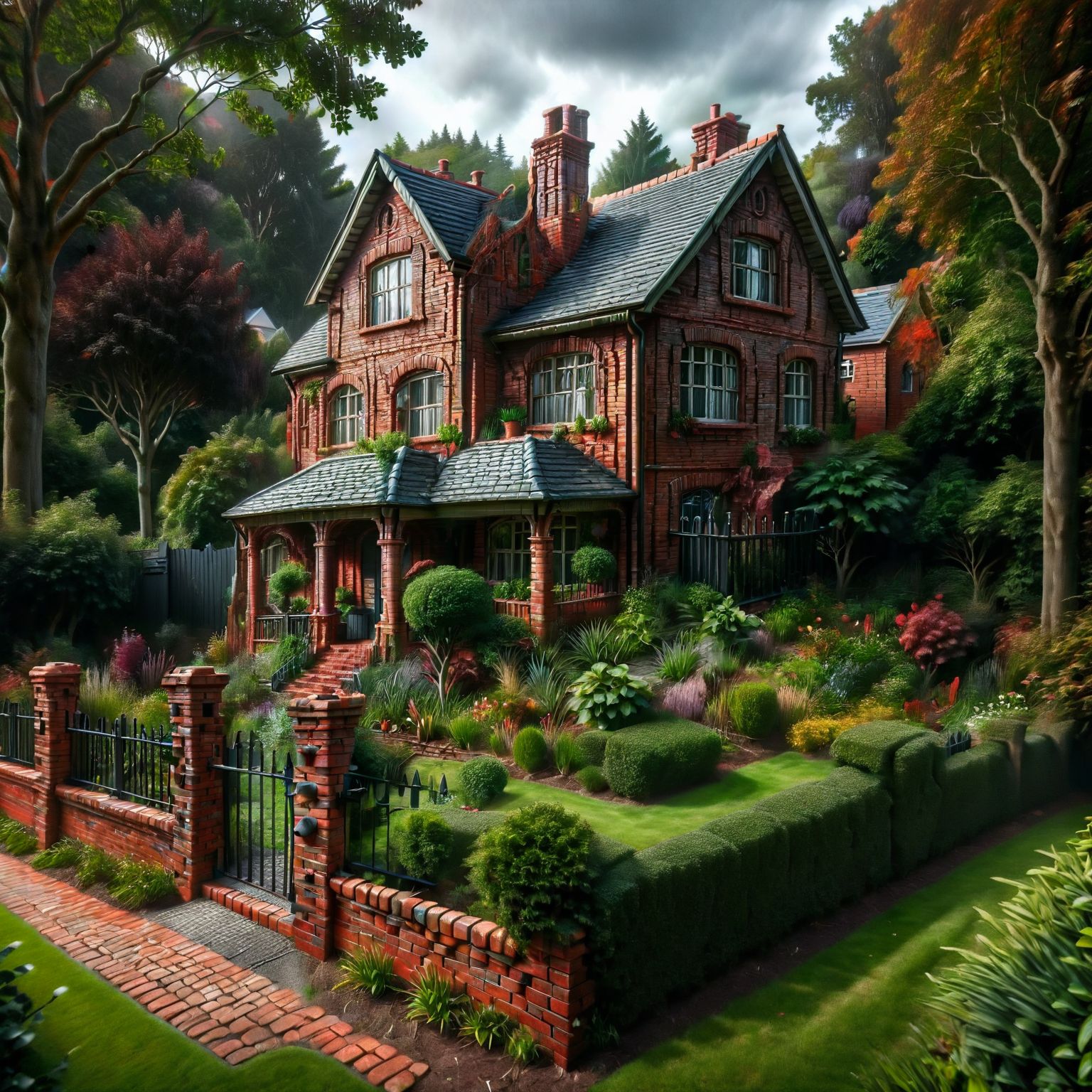 ais-sinisterz, an ais-brickz  house, surrounded by gardens and then a cast iron fence and ais-brickz wall, forest in the background <lora:Bricks_Style_SDXL:0.9> <lora:Sinister_Style_SDXL:1>