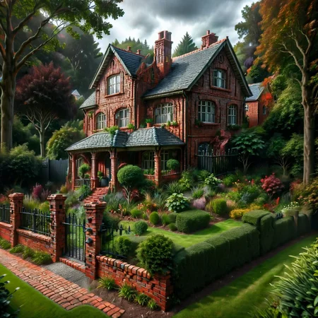 ais-sinisterz, an ais-brickz  house, surrounded by gardens and then a cast iron fence and ais-brickz wall, forest in the background <lora:Bricks_Style_SDXL:0.9> <lora:Sinister_Style_SDXL:1>