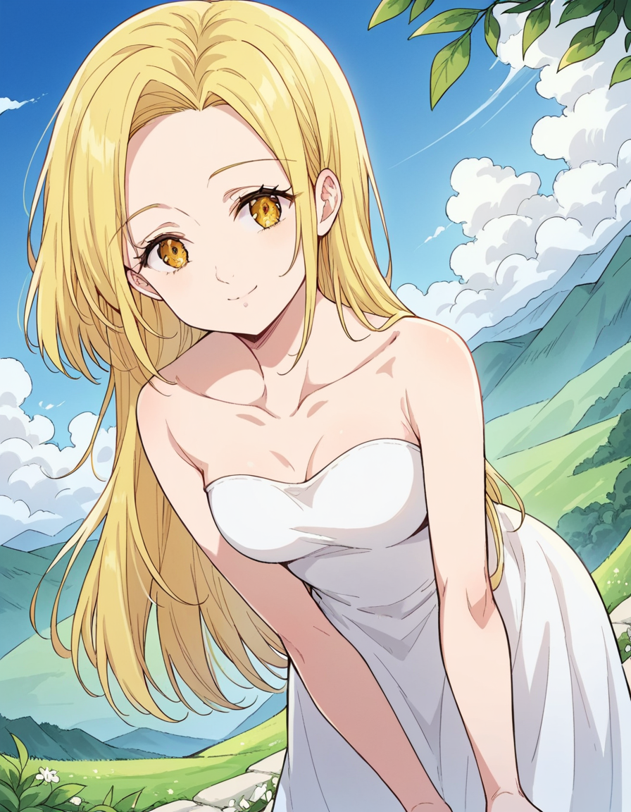 score_9, score_8_up, score_7_up, source_anime, <lora:nanatsu-elaine-s2s3-ponyxl-lora-nochekaiser:1>, elaine, long hair, blonde hair, yellow eyes,, dress, white dress, collarbone, bare shoulders, sun dress,, landscape, bent over, smile, looking at viewer, solo,, cowboy shot, dutch angle