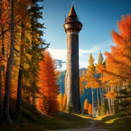 realistic analog photo, award winning photo, vary wide shot of stone witow tower:1.3, no humans, scenery, blue sky, auwo, in a autumn forest, dirt road, lush grassland, Wildflowers, nature, outdoors, RAW, highres, 8k, uhd, High Dynamic Range, tonemapping, crisp details,
