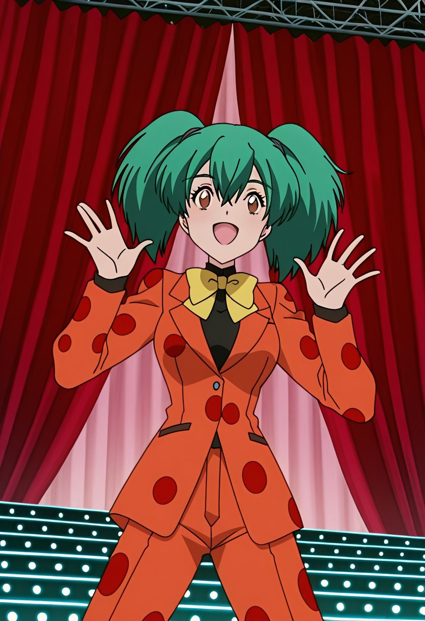 score_9, score_8, score_7, anime_screencap, anime_coloring, source_anime, high_res, rating_safe, uncensored,
score_9, score_8_up, score_7_up, score_6_up, score_5_up,
pkmnduplica, 1girl, green hair, aqua hair, twintails, bangs, hair between eyes, brown eyes, orange suit jacket, long sleeves, yellow bowtie, orange pants, red polka dot
stage, curtains, standing, audience, hands up, smile, open mouth, legs apart, cowboy shot, upper body, Dutch angle, dynamic pose