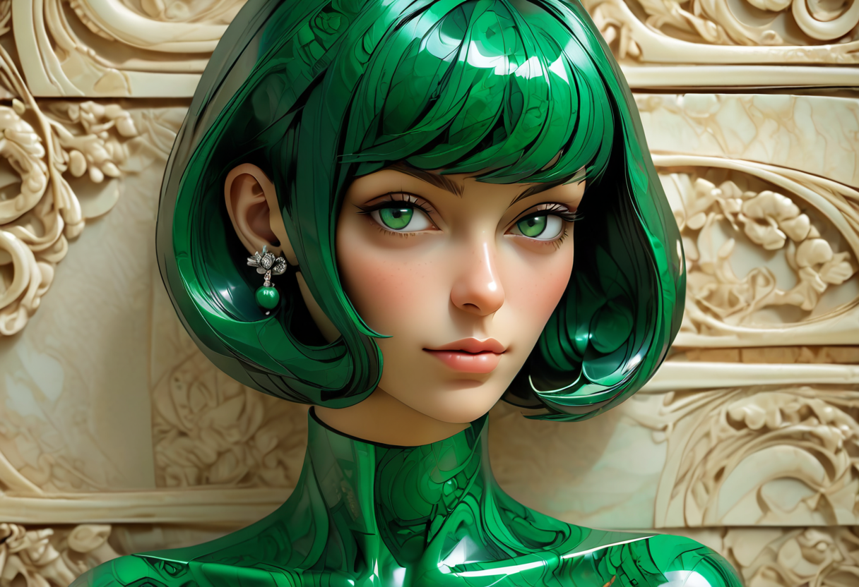 female portrait, looking sideways, sleek bob haircut, dramatic, sharp outlines, high contrast, masterpiece, ultra detailed, fine details, intricate, ornamental, elegant, malachite_style