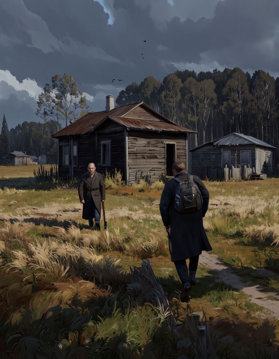 By Artem Chebokha. A digital illustration shoot from the side about a rural scene depicting two men walking towards a dilapidated wooden house amidst tall grass and trees, with birds flying in the sky. the scene is set in a rural area with a few old wooden houses and trees in the background, and the sky is filled with dark clouds. on the right side of the image, a man with a beard and glasses is walking away from the camera, wearing a long coat and carrying a rifle. on his left side, another man with short hair and a beard is walking ahead of him. the man with the beard appears to be in his late twenties, with a serious expression on his face. both men are wearing backpacks and have guns in their hands, suggesting they are on a mission. the atmosphere is tense and somber, with the men's silhouettes and the moody atmosphere adding to the sense of urgency.