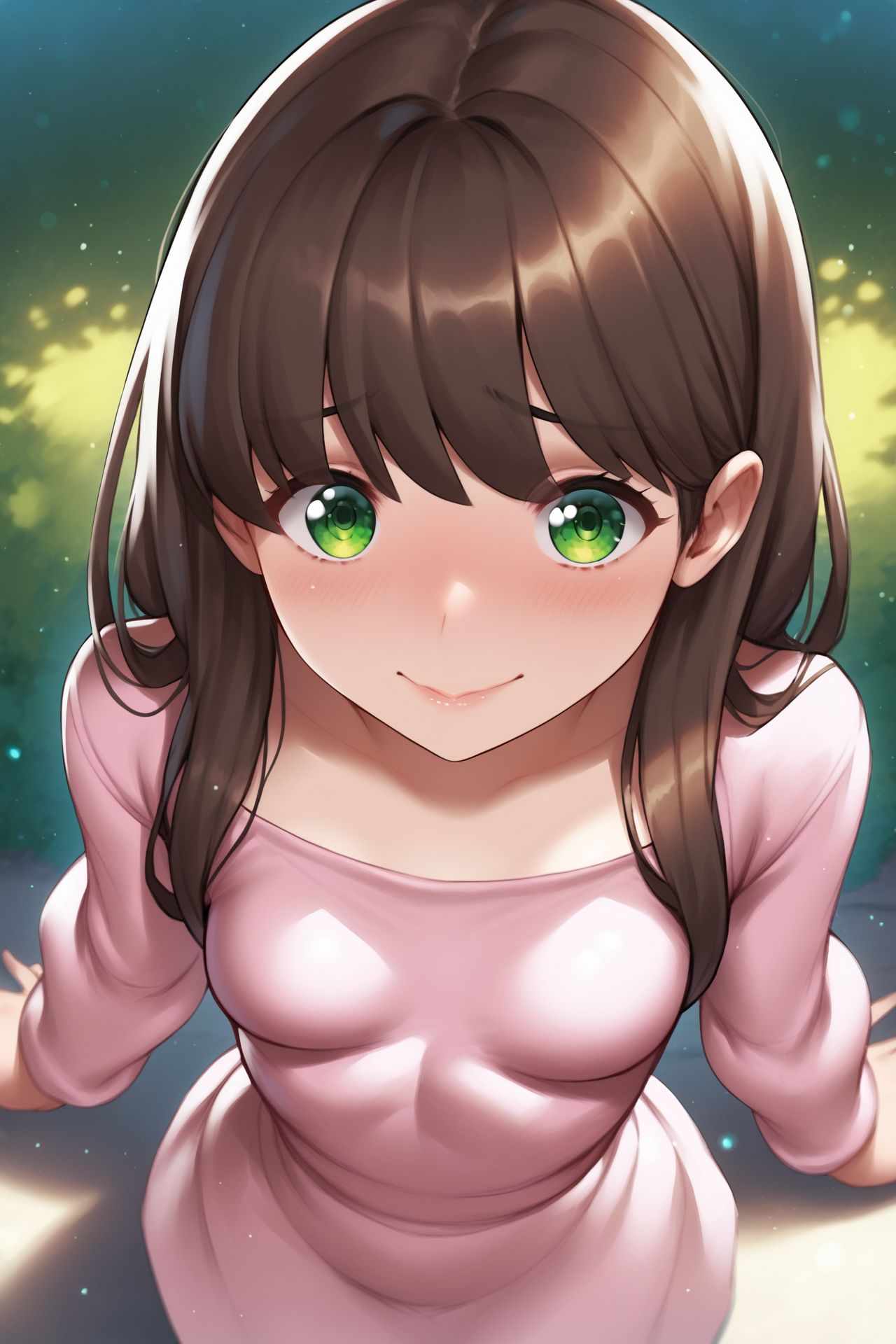 score_9, score_8_up, score_7_up, 1girl, embarrassed nose blush smile, looking at viewer, dark brown hair, wispy_bangs, dark green eyes, small breasts, pink clothes, outdoors, from above, glitter particles <lora:Yapo_(croquis_side)_PonyXL_style_v01:1>