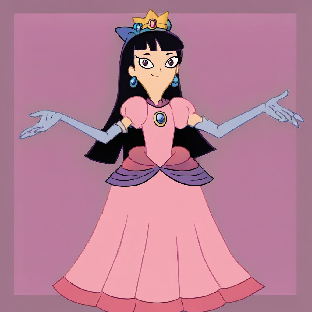 1girl, solo, Stacy, black hair, long hair, blunt bangs, purple hair bow, purple wrist bracelet, princess make up, p34ch3s-dress, cosplay, crown, blue earrings, jewelry, pink dress, elbow gloves, white gloves, Very long large floor length wide straight tulle long sleeved ball gown hoop skirt, ball gown hoop skirt, princess dress, hoopdress, white pearl necklace, long elbow length princess gloves, my big princess gypsy wedding dress, ballgown, a girl in a dress posing like a princess for a picture, looking at viewer, pretty eyes, she is posing, hands on hips