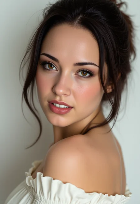 Hyperrealism, she is looking at the camera, (dynamic angles), headshots of a beautiful, stunning unique female character. she has dark hair. She has large brown eyes filled with joy and excitement, extravagant eyelashes, She is wearing a white off-the-shoulder blouse with ruffled sleeves. making this image a masterpiece of photography and digital art. Style: realistic hyper-detailed rendering, 32k UHD, expressive eyes, punk, graphic design, girl's face, pretty and cute, gleaming lips, white skin, telling a tale of adventure. Exuding confidence and serenity. The background is a simple white wall. The overall mood of the image is happy and relaxed.RAW candid cinema,16mm,color graded portra 400 film,remarkable color,ultra realistic,textured skin,remarkable detailed pupils,realistic dull skin noise,visible skin detail,skin fuzz,dry skin,shot with cinematic camera,detailed skin texture,(blush:0.2),(goosebumps:0.3),subsurface scattering,beautiful photograph in the style of Augustus John,Sergio Toppi,Virginia Frances Sterrett,8k HD,detailed skin texture,ultra realistic,textured skin,analog raw photo,cinematic grain,whimsical
