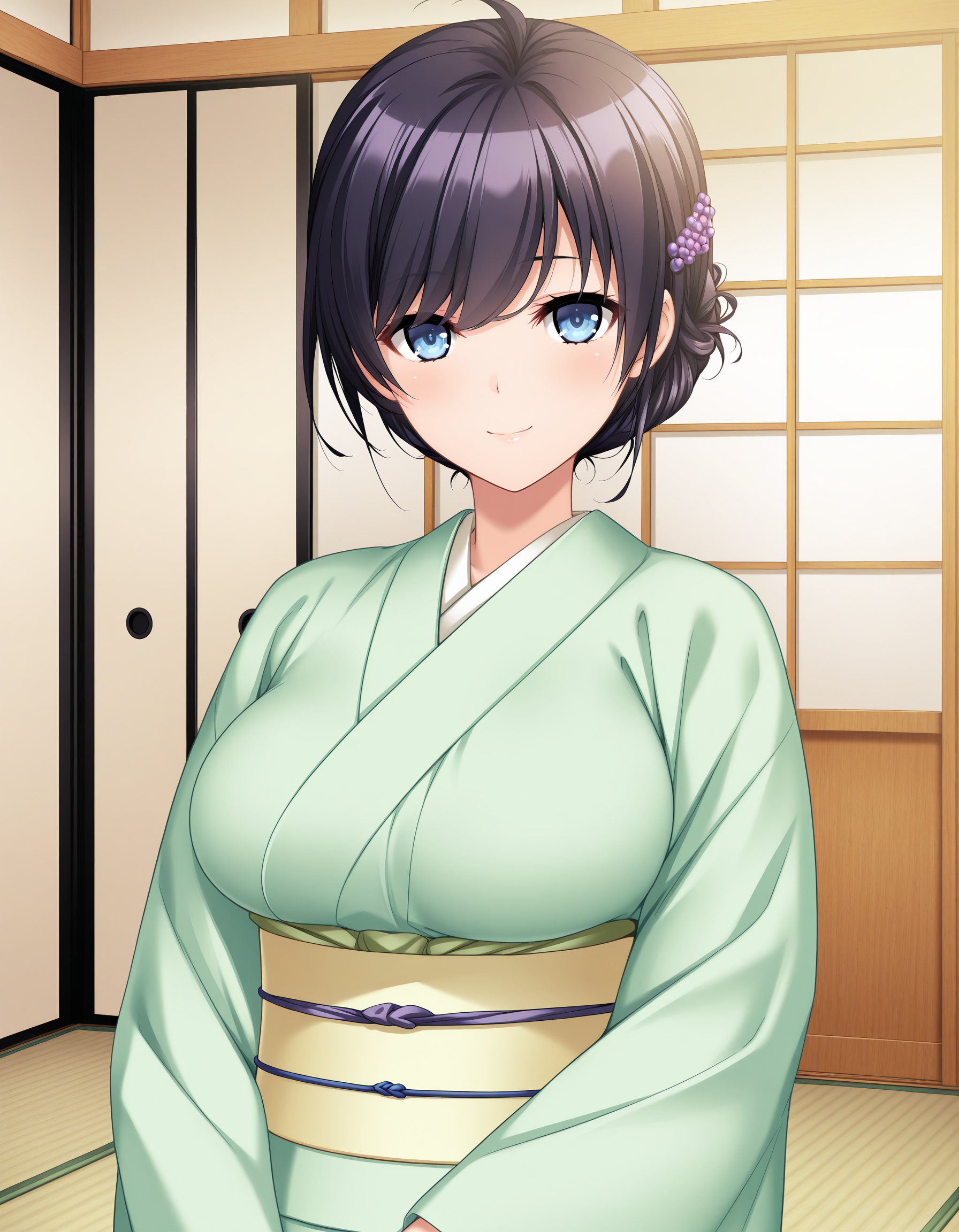 masterpiece, best quality, amazing quality, absurdres, extremely detailed background, ultra-detailed, detailed face, detailed eyes, 8K, ayaka_ryokan, hair up, black hair, blue eyes, large breasts, hair ornament, grape hair ornament, japanese clothes, kimono, green kimono, obi, sash, wide sleeves, upper body, looking at viewer, smile, indoors, tatami, shouji, sliding doors, <lora:Ayaka-000010:1>