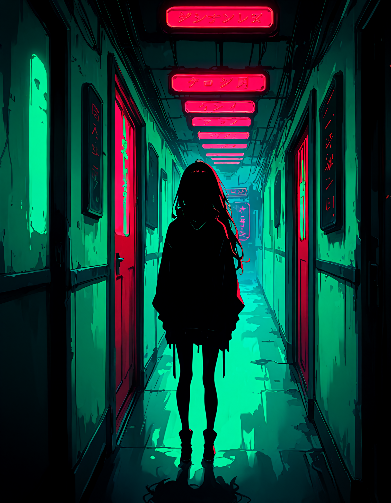 masterpiece,  best quality, newest, highres, absurdres, <lora:LeIsT0_style:1>,LeIsT0_illu,Dark anime style, silhouette of a girl with long hair, red doorway, green walls with Japanese text, eerie atmosphere, high contrast, cyberpunk aesthetics, neon lights, mysterious, foreboding, digital art, 2D illustration, dramatic lighting, moody color palette
