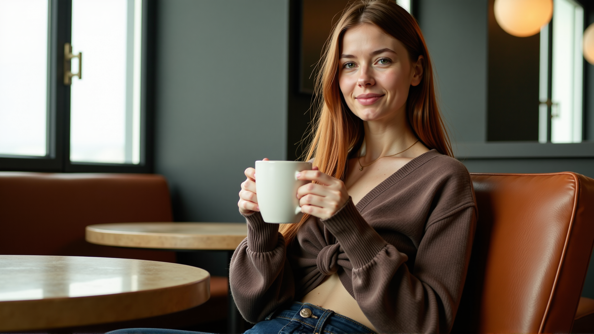 sci-fi style a slim elegant woman sitting in a cafe holding a large mug of coffee in her hands
she has a heavy lower lip and hollow cheeks, she appears to be 30 years old
her eyes are an intense green colour and her long flowing hair is a (brilliant auburn colour:1.2)
she's looking at the viewer across a low table, she's sitting in a large comfy chair with her feet tucked up beside her
she's wearing jeans and a (cropped:1.3) woolen jumper with a low neckline and  long baggy sleeves, the top is tied in a knot at the front
she looks very relaxed and happy, her eyes glitter, . futuristic, technological, alien worlds, space themes, advanced civilizations, score_9, score_8_up, score_7_up, hyperdetailed, hyperrealistic,  best quality, (masterpiece:1.3),high-definition, intricate details, volumetric lighting, symmetrical face, level eyes,