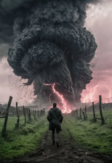 Water to the Neck, Blade Runner Style, Dark, amazing quality, masterpiece, best quality, hyper detailed, ultra detailed, perfect anatomy, dof, majestic, awesome, inspiring, a colossal tornado swirling from within, its monstrous vortex drawing in everything in its path. Grass, fence posts, and even pink pigs caught in the swirling maelstrom, dancing in a dizzying circle of destruction, cinematic composition, soft shadows, atmospheric haze, very detailed,