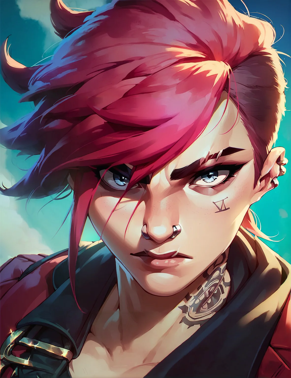 score_9, score_8_up, score_7_up,score_9, score_8_up, score_7_up, <lora:V1:0.8>, 1girl, gray-blue eyes, v1, red-pink hair, tattoo on the face, red jacket, nose piercing, earrings