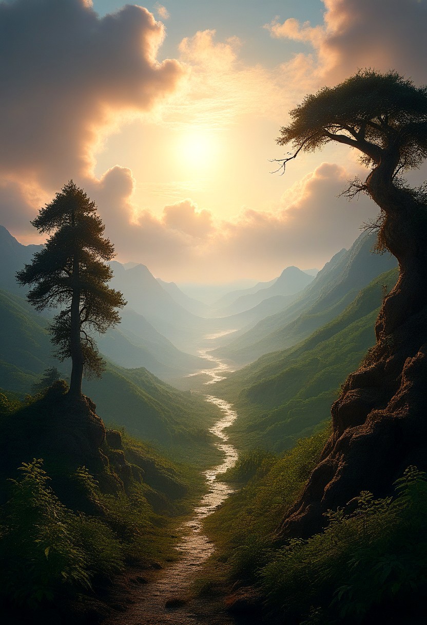 baroque art style , ancient fantasy forest,intricately intertwined trees,
stunningly beautiful clouds
down ,
epic composition, cinematic,
perfection style, perfection, perfect , style of Rembrandt, flux-style