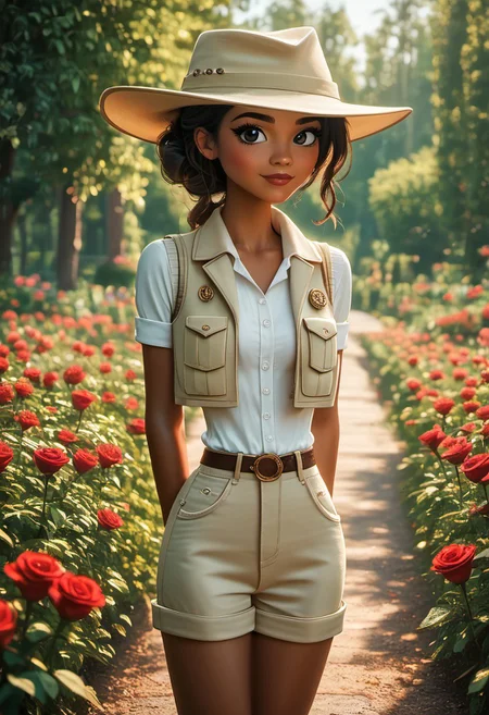 (masterpiece:1.5), (score_9), auto1111, ultra-detailed, (high res), cinematic lighting, beautiful lighting, smooth lighting, (detailed background), ponypositive, 1woman, solo, solo focus, ((cowboy shot)), looking at viewer, (narrow waist, skinny, slender body, slim), (outdoors, floral garden, roses, day), (anime eyes), bright lighting, daylight, sunshine, cute, kawaii, (closed mouth), happy, ((standing)), alone, (hands at sides), (perfect hands, beautiful hands), perfect anatomy, cinematic style, cinematic quality, precise, prevision, colorful, striking visuals, sharp focus, light reflection, small body, zPDXL3, SmoothQualityPony, 3D Fairytales, JasmineTDPI, dark skinned female, safari outfit, beige hat, khaki vest, beige shorts, back hair, dark green hiking boots, white socks, black eyes, lips,